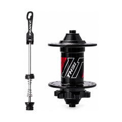 TANKE TH31 mountain bike hubs in black and red, shown as a pair with 32 and 36 hole drilling