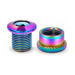 TANKE M8 x 8 mm hex chainring bolts shown in Oil Slick and black
