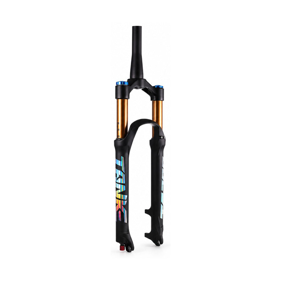 TANKE 120 mm air suspension mountain bike fork with gold and black stanchions in Oil Slick black