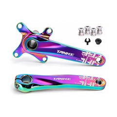 TANKE hollow forged crankset with 32T to 44T chainrings in black, red, purple and oil slick