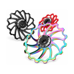 TANKE alloy derailleur pulley with ceramic bearing in oil slick, black and red