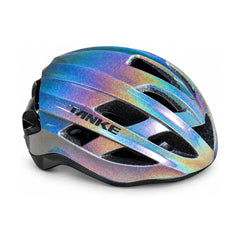 TANKE adult bike helmet in white, black and oil slick with a built-in light