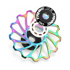 TANKE alloy derailleur pulley with ceramic bearing in oil slick, black and red
