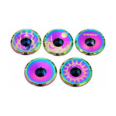 TANKE Oil Slick aluminium headset top cap shown in five different logo designs