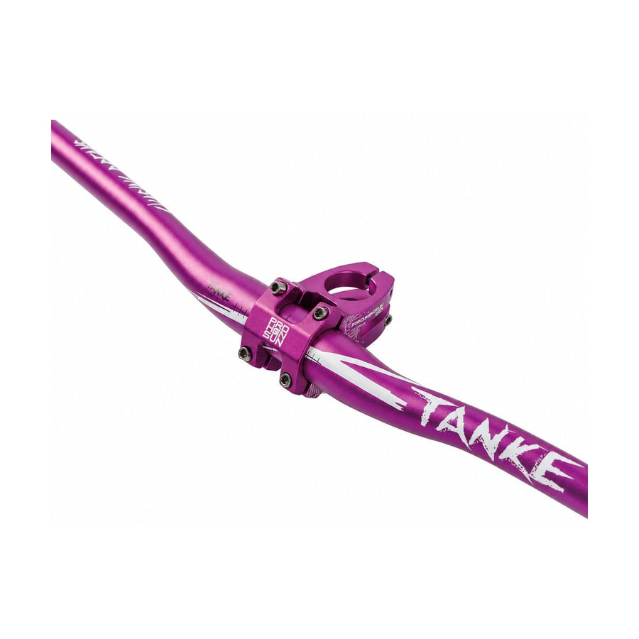 TANKE alloy riser handlebar in purple with white decals and black with purple or yellow decals