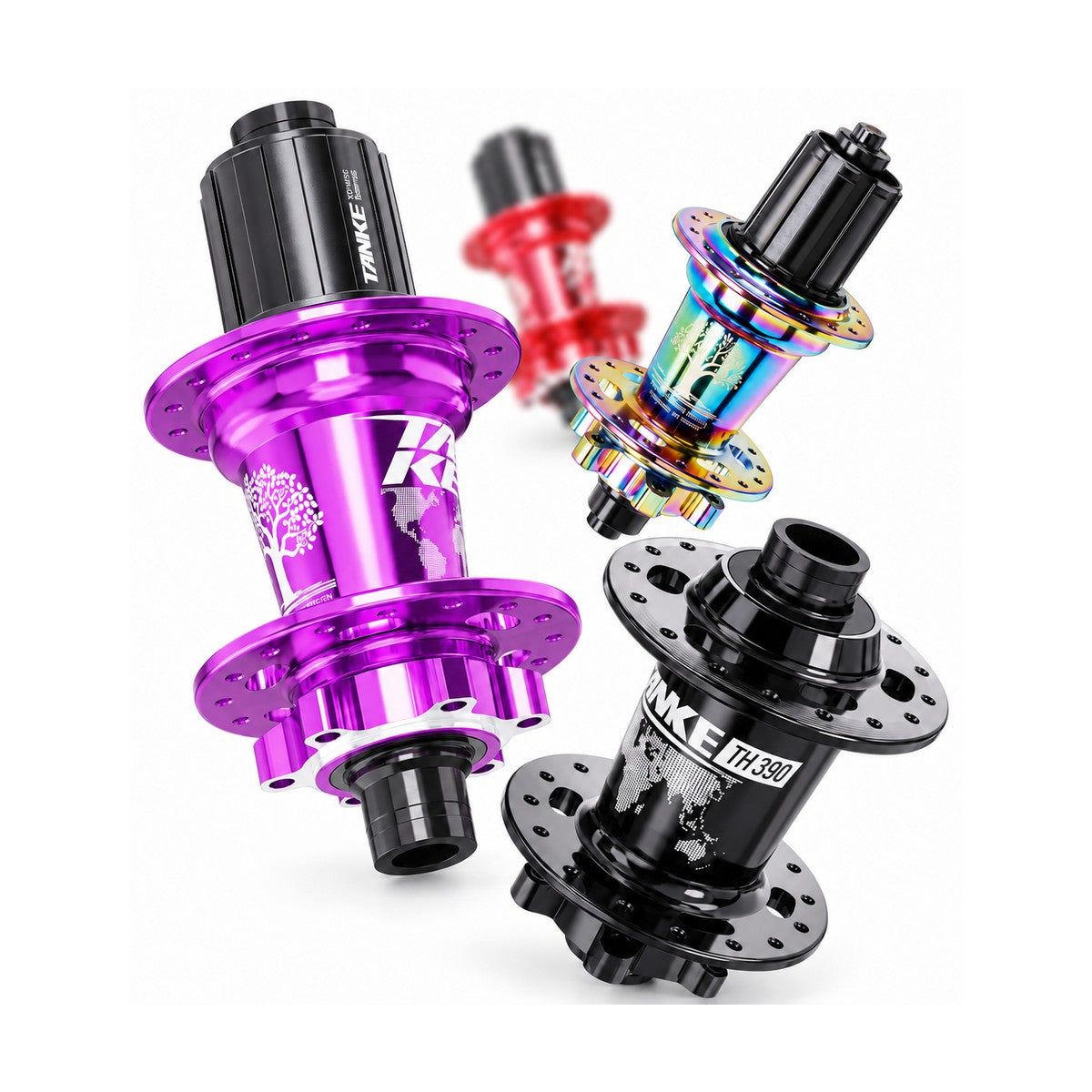 TANKE TH390 mountain bike hub in red, black, purple, pink and oil slick, 28, 32 and 36 hole