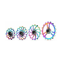 TANKE alloy derailleur pulley with ceramic bearing in oil slick, black and red
