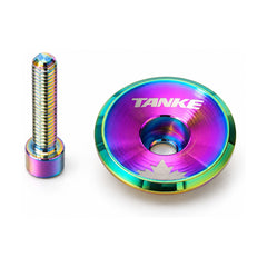TANKE Oil Slick aluminium headset top cap shown in five different logo designs