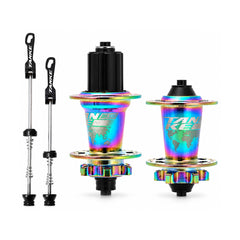TANKE four bearing hub pair in oil slick, black, red, purple and blue with QR and thru-axle options