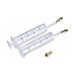 Pair of plastic hydraulic disc brake bleed syringes for bicycle brake servicing