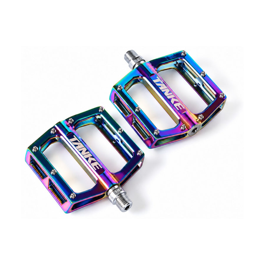 TANKE TP20 CNC aluminium bike pedals in Oil Slick, Black and Red finishes