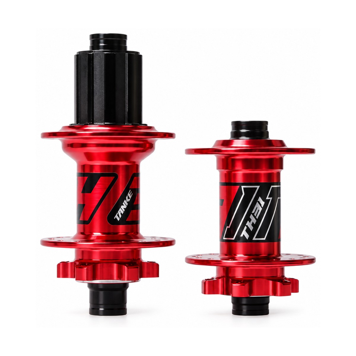TANKE TH31 mountain bike hubs in black and red, shown as a pair with 32 and 36 hole drilling