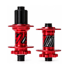 TANKE TH31 mountain bike hubs in black and red, shown as a pair with 32 and 36 hole drilling
