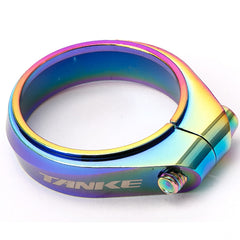 TANKE aluminium seatpost clamps in Oil Slick and black, shown in three sizes
