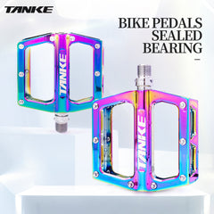 TANKE TP20 CNC aluminium bike pedals in Oil Slick, Black and Red finishes