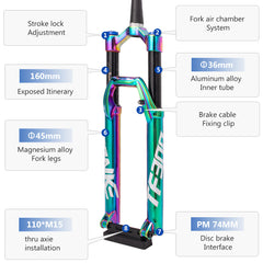 TANKE TF300-36 thru-axle air fork with 160 mm travel in oil slick and black