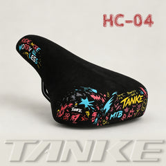 TANKE HC graffiti mountain bike saddle in white and red, green and white, gold and oil slick designs