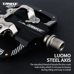 TANKE CNC-machined black alloy SPD mountain bike pedal with a chromoly steel spindle