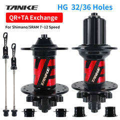 TANKE TH31 mountain bike hubs in black and red, shown as a pair with 32 and 36 hole drilling