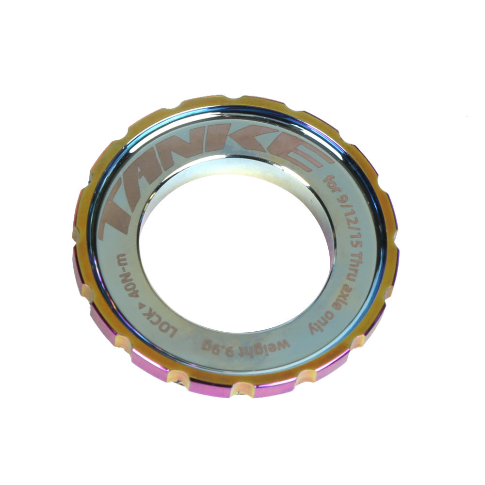 TANKE aluminium Center Lock rotor lockring in black and Oil Slick finishes