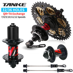 TANKE TH31 mountain bike hubs in black and red, shown as a pair with 32 and 36 hole drilling