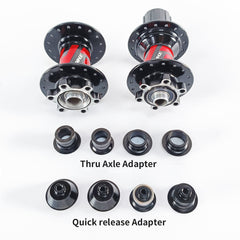TANKE TH31 mountain bike hubs in black and red, shown as a pair with 32 and 36 hole drilling