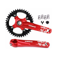 TANKE hollow forged crankset with 32T to 44T chainrings in black, red, purple and oil slick
