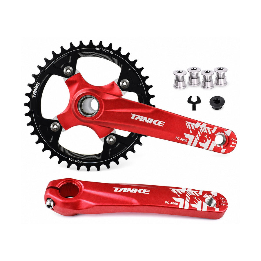 TANKE hollow forged crankset with 32T to 44T chainrings in black, red, purple and oil slick