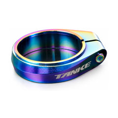 TANKE aluminium seatpost clamps in Oil Slick and black, shown in three sizes