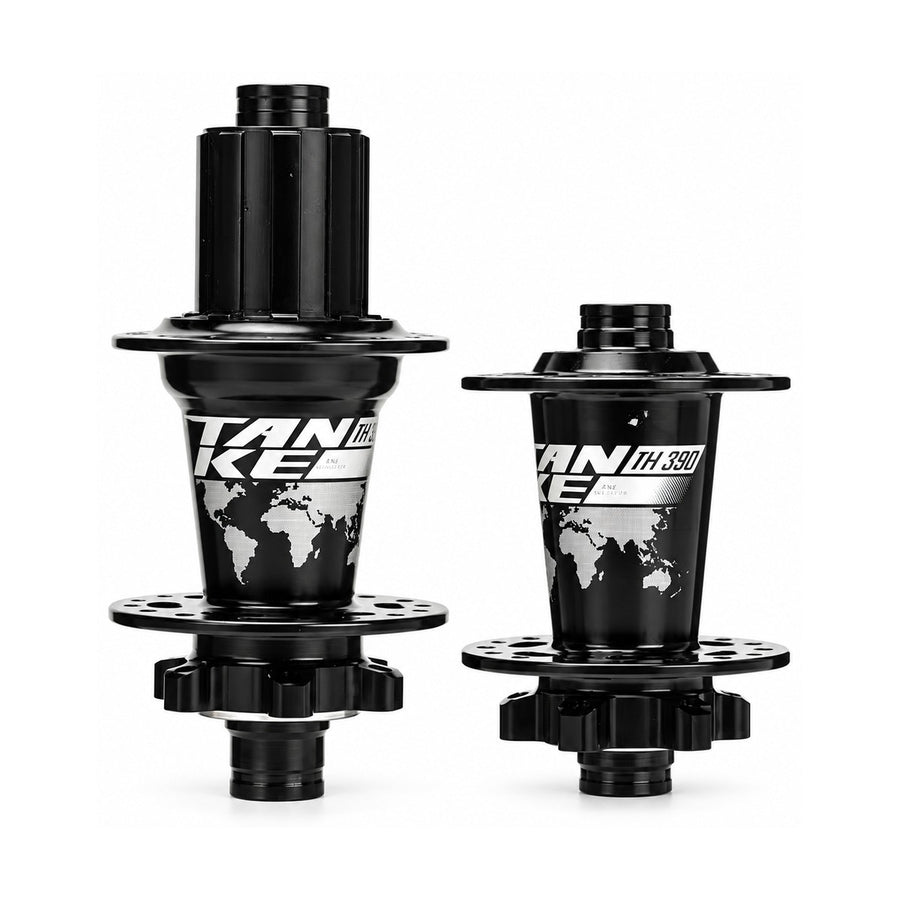 TANKE four bearing hub pair in oil slick, black, red, purple and blue with QR and thru-axle options
