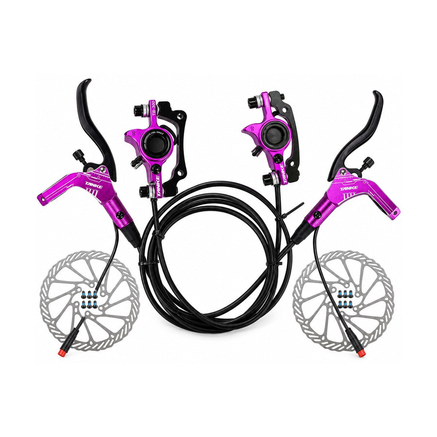 TANKE TB310 e-bike hydraulic disc brake set in black, red, blue, purple and gold with rotors