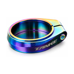 TANKE aluminium seatpost clamps in Oil Slick and black, shown in three sizes